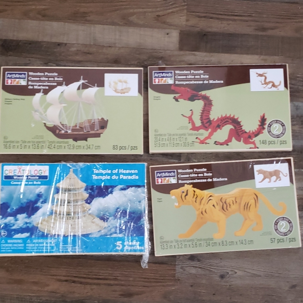 Bundle of 4 Wooden 3D puzzles